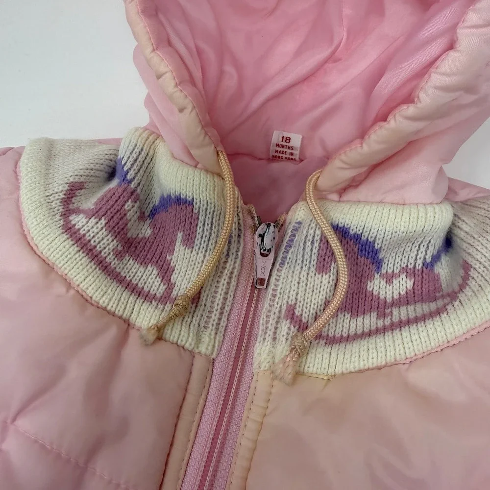 Vintage 80s Baby Girl Pink Puffer Jacket 18M Rocking Horse Knit Hooded